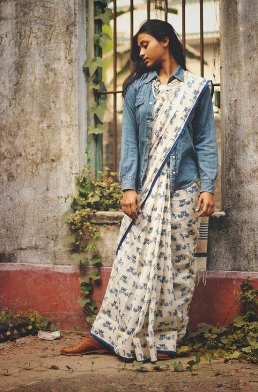sari with denim jacket