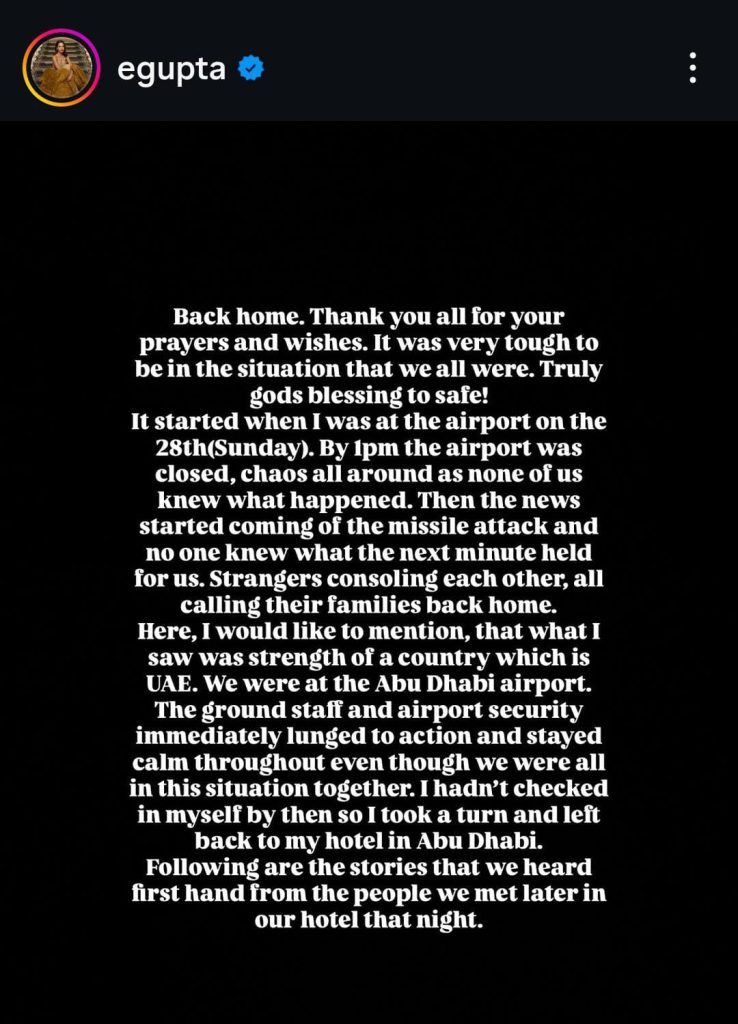 Esha Gupta returns safely from Dubai